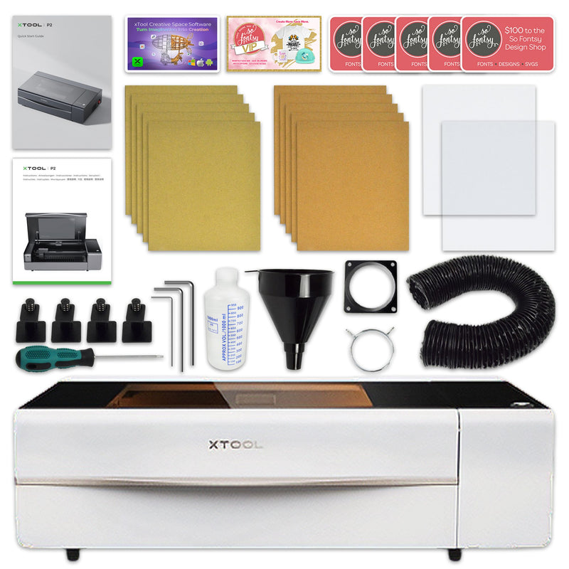xTool P2 55W CO2 Laser Cutter & Engraver Riser & Rotary Bundle - White Laser Engraver xTool