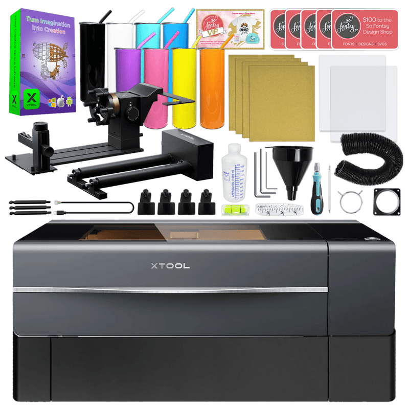 xTool P2S 55W CO2 Laser Cutter & Engraver Riser & Rotary Bundle Swing Design 1