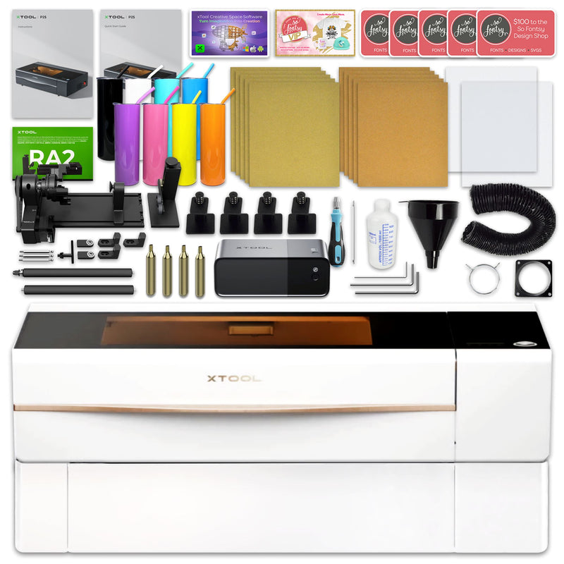 xTool P2S 55W CO2 Laser Cutter & Engraver Riser & Rotary Bundle - White Laser Engraver xTool