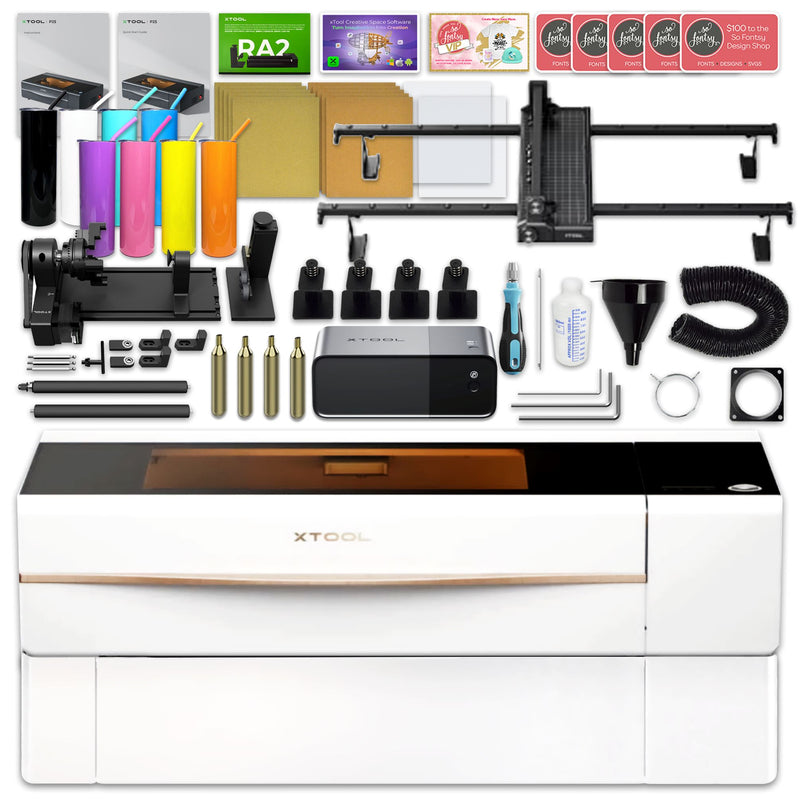XTool P2S 55W CO2 Laser Cutter & Engraver Riser, Rotary, Rail Bundle - White Laser Engraver xTool