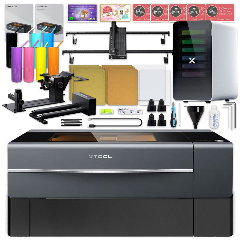 xTool P2S 55W CO2 Laser Cutter & Engraver Riser, Rotary, Rail, Filter Bundle - Swing Design