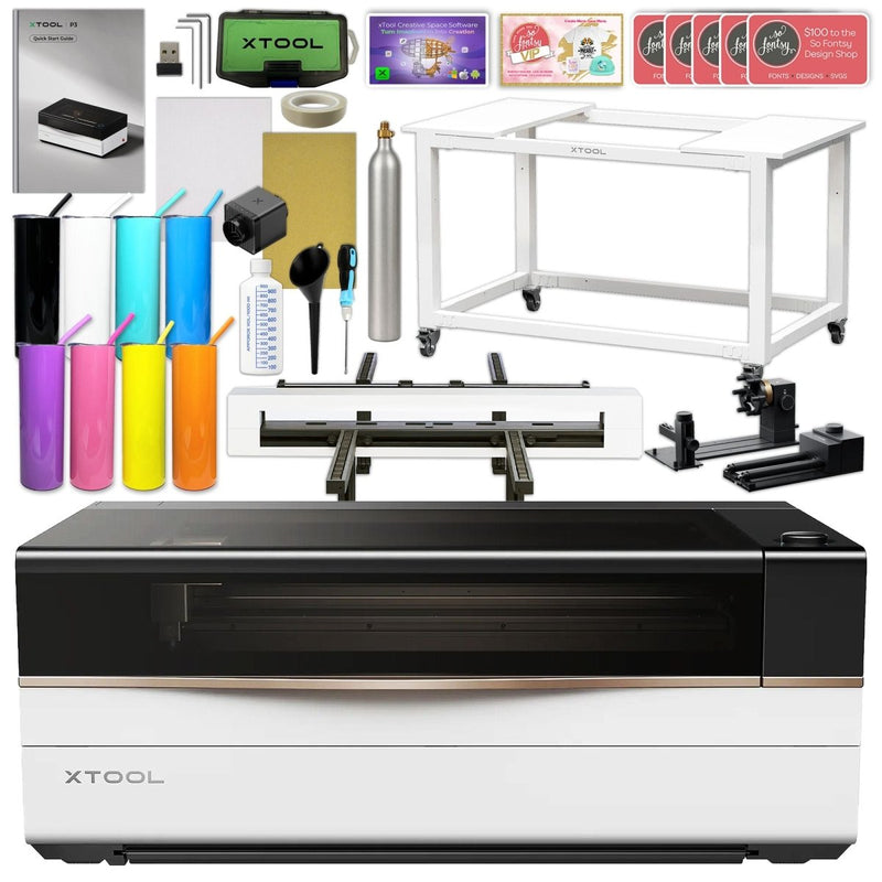 xTool P3 80W CO2 Laser Cutter Bundle with Stand, Conveyor Feeder & RA3 Rotary - Swing Design