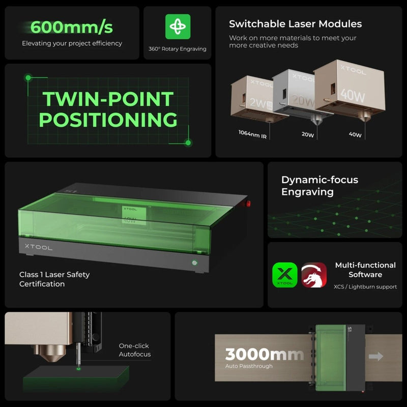 xTool S1 Laser Cutter & Engraver Machine Bundle w/ Air Assist, Honeycomb, Filter20W Diode Laser - Swing Design28