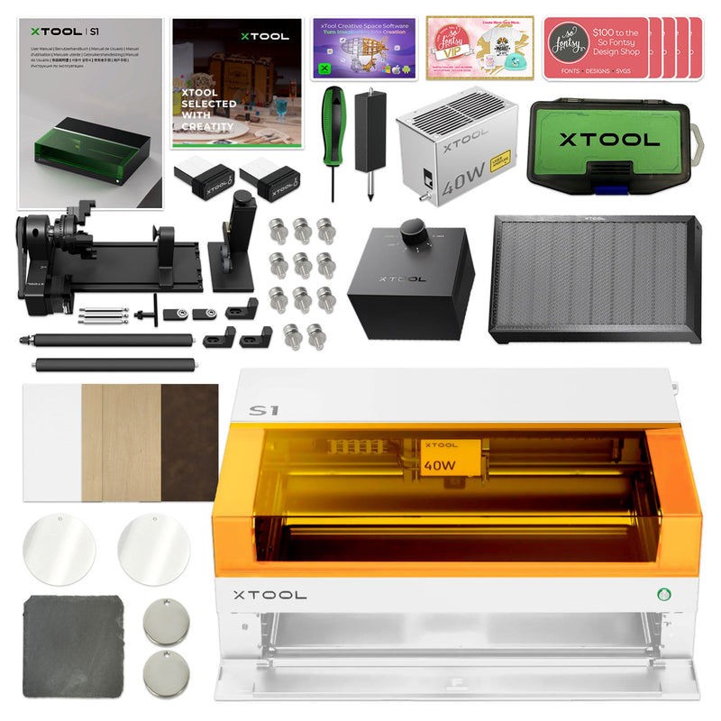 xTool S1 Laser Cutter & Engraver Machine Bundle w/ Rotary & Riser - White Laser Engraver xTool 40W Diode Laser + $450