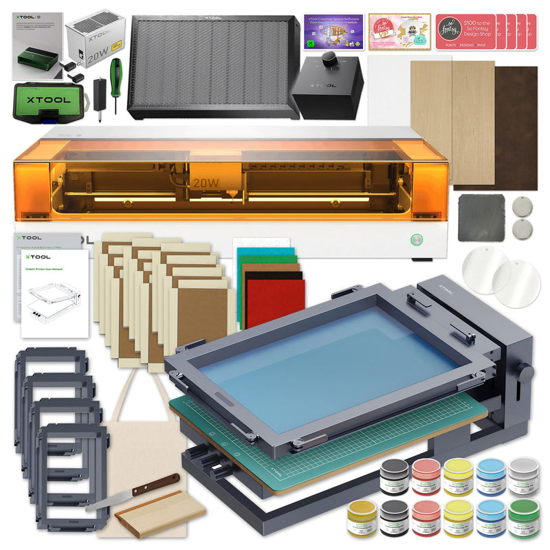 xTool S1 Laser Cutter & Engraver with Deluxe Screen Printing Bundle - White Laser Engraver xTool 20W Diode Laser