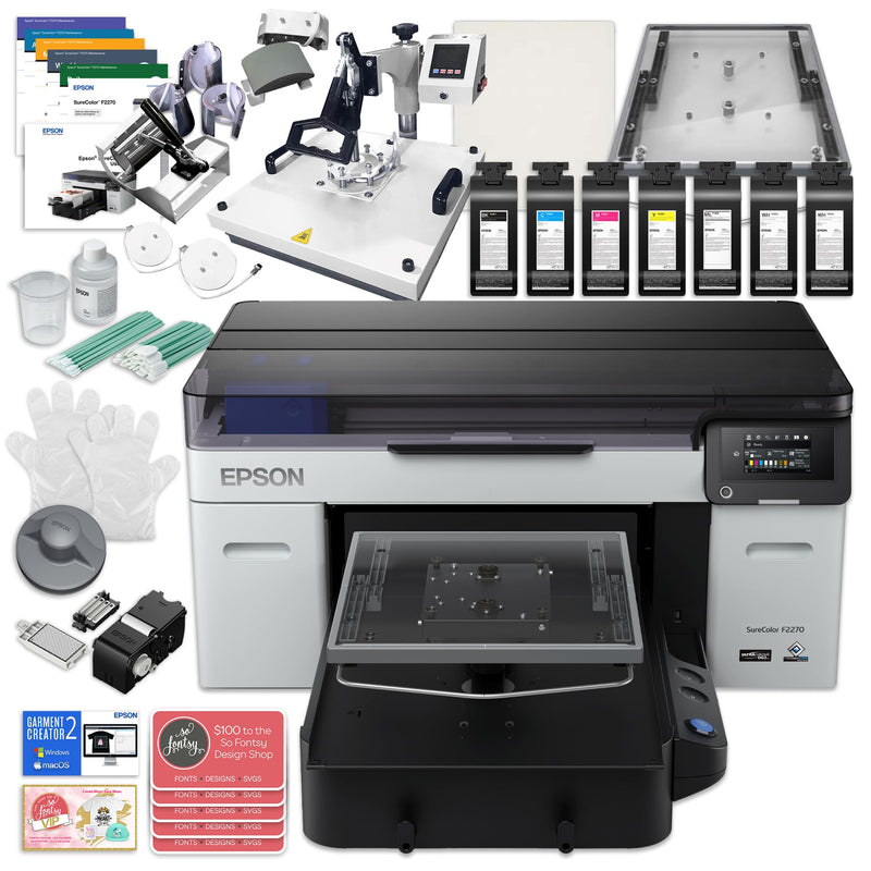 Epson F2270 DTG & DTF Combo Printer Bundle w/ 8-in-1 Heat Press DTG Bundles Epson F2270 w/ White 8-in-1