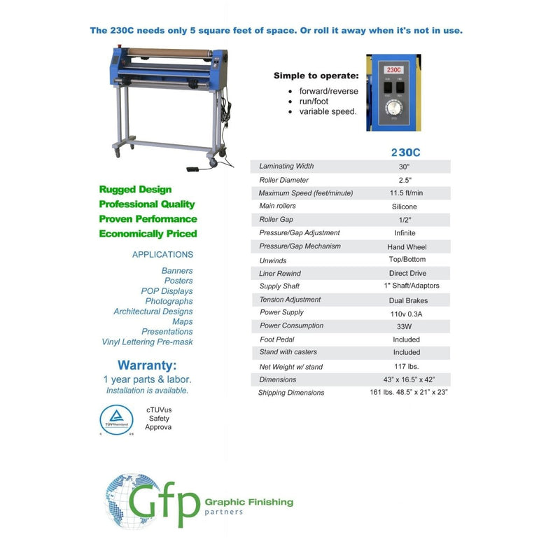GFP 230-C Compact Cold Roll Laminator with Stand - 30" - Swing Design