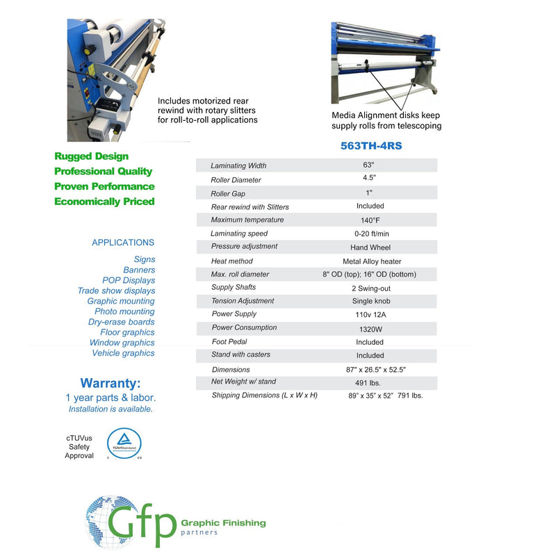 GFP 563TH-4RS Production Top Heat Roll Laminator with Stand - 63" Eco Printers GFP