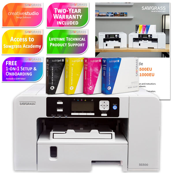 Sawgrass UHD Virtuoso SG500 Sublimation Printer, 15x15 Heat Press, Inks, Blanks, Paper, Designs, and More