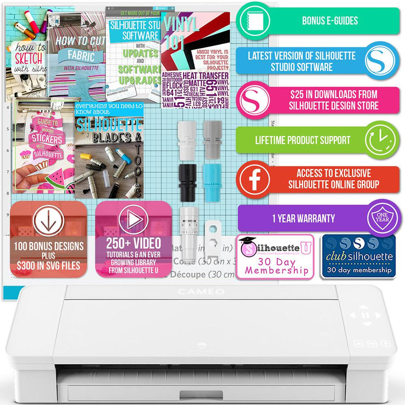 Silhouette White Cameo 4 w/ 38 Oracal Sheets, Siser HTV, Guides, 24 Pens - Swing Design