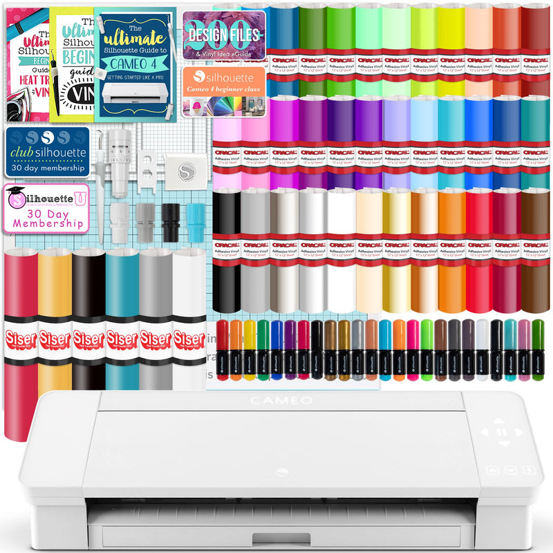 Silhouette White Cameo 4 w/ 38 Oracal Sheets, Siser HTV, Guides, 24 Pens Silhouette Bundle Silhouette