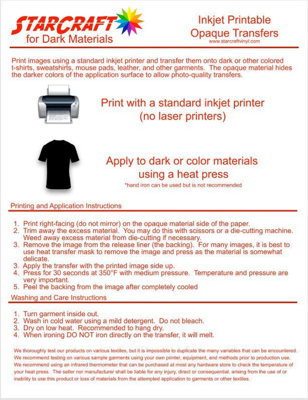 *Printable Heat Transfer Sheets for Dark Fabrics **Inkjet Printable**