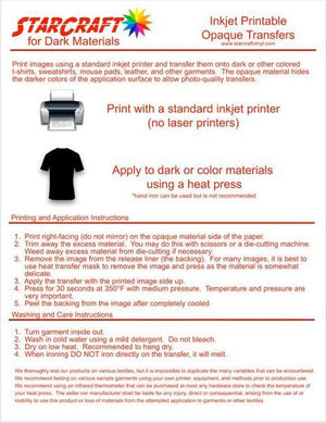 StarCraft Inkjet Printable Heat Transfer 100 Sheet Pack - Dark & Light Materials - Swing Design