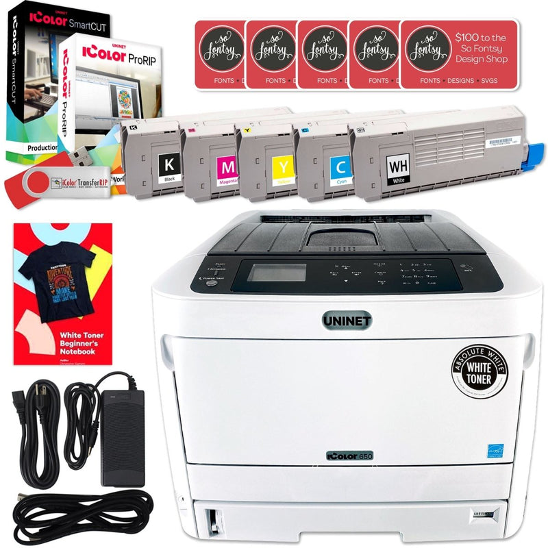 Uninet IColor 650 White Transfer Printer Double Toner Bundle, $1044 Software - Swing Design