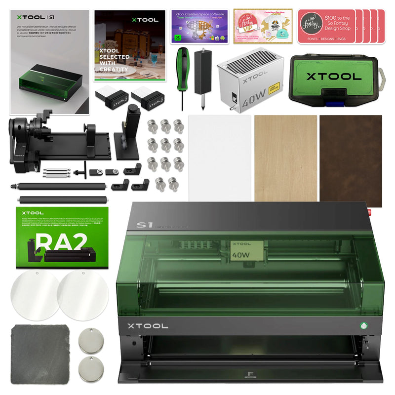 xTool S1 Enclosed Diode Laser Cutter & Engraver w/ Rotary & Raiser Bundle Laser Engraver xTool