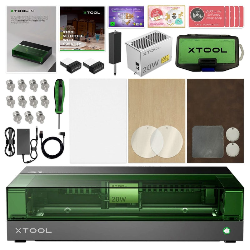 xTool S1 Laser Cutter & Engraver Machine Bundle w/ Air Assist & Honeycomb - Swing Design