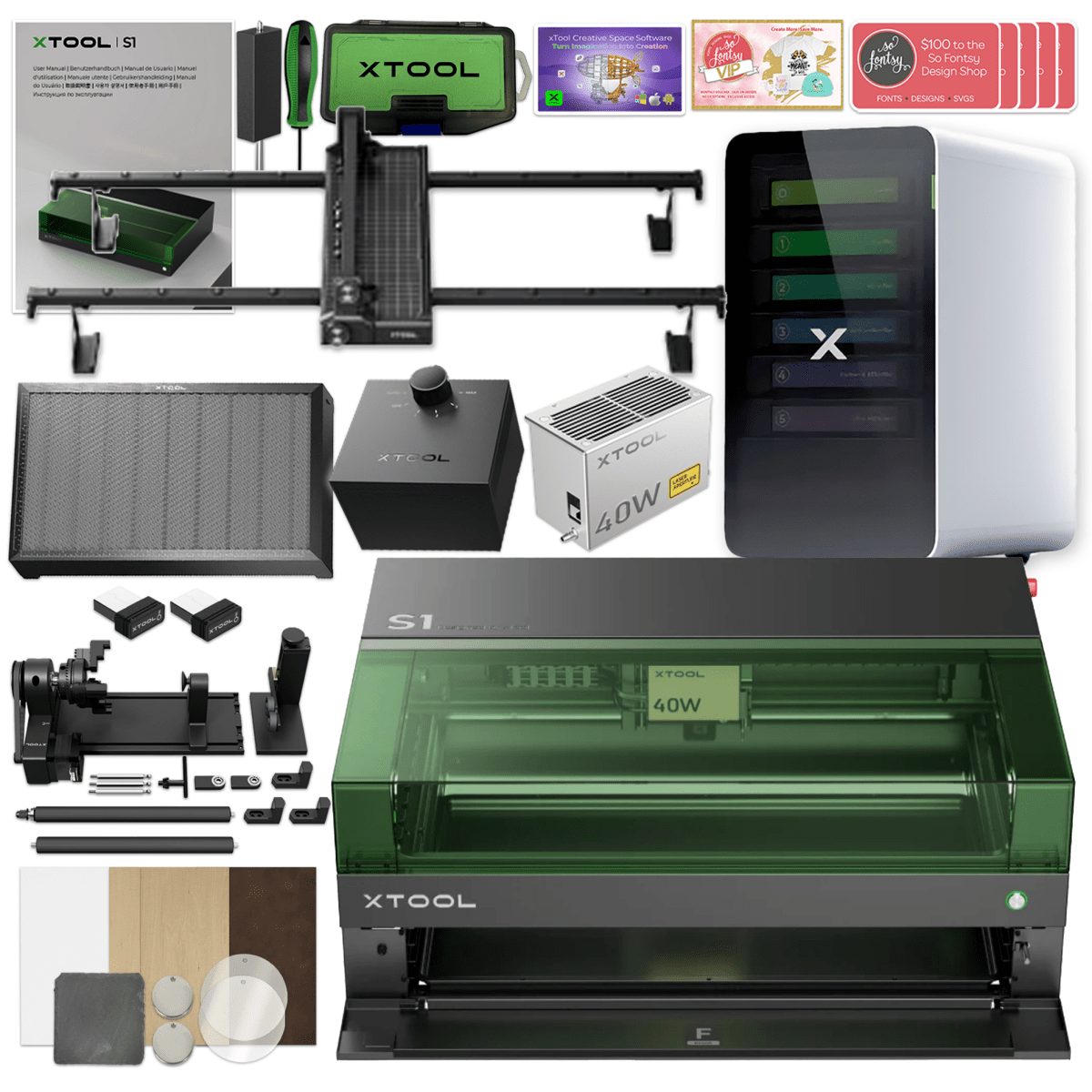 xTool S1 Laser Cutter & Engraver Machine Bundle w/ Rotary, Rail, Riser, Filter Questions & Answers