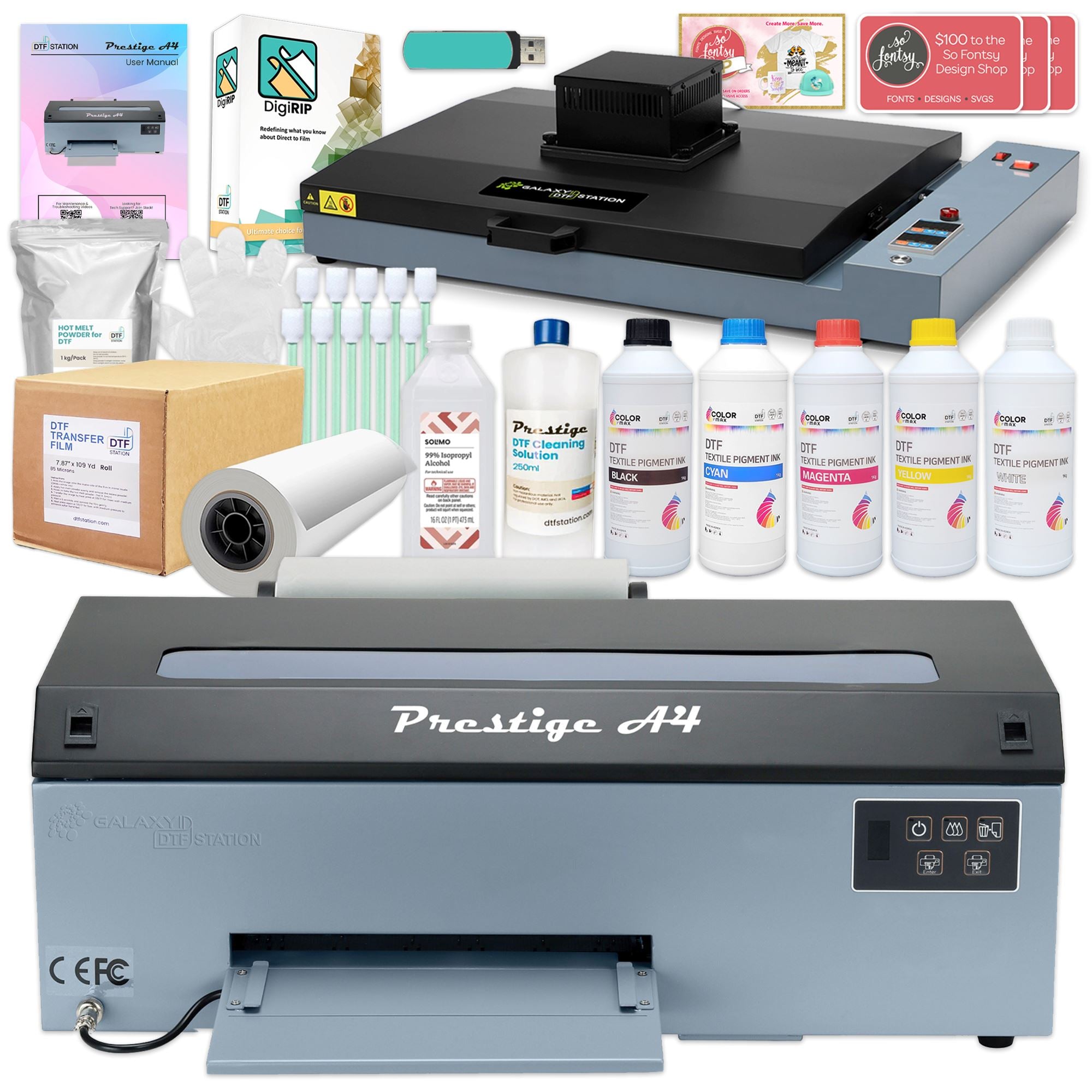Prestige A4 Direct To Film (DTF) Printer w/ Oven, Filter, Inks, Supplies - Gray Questions & Answers