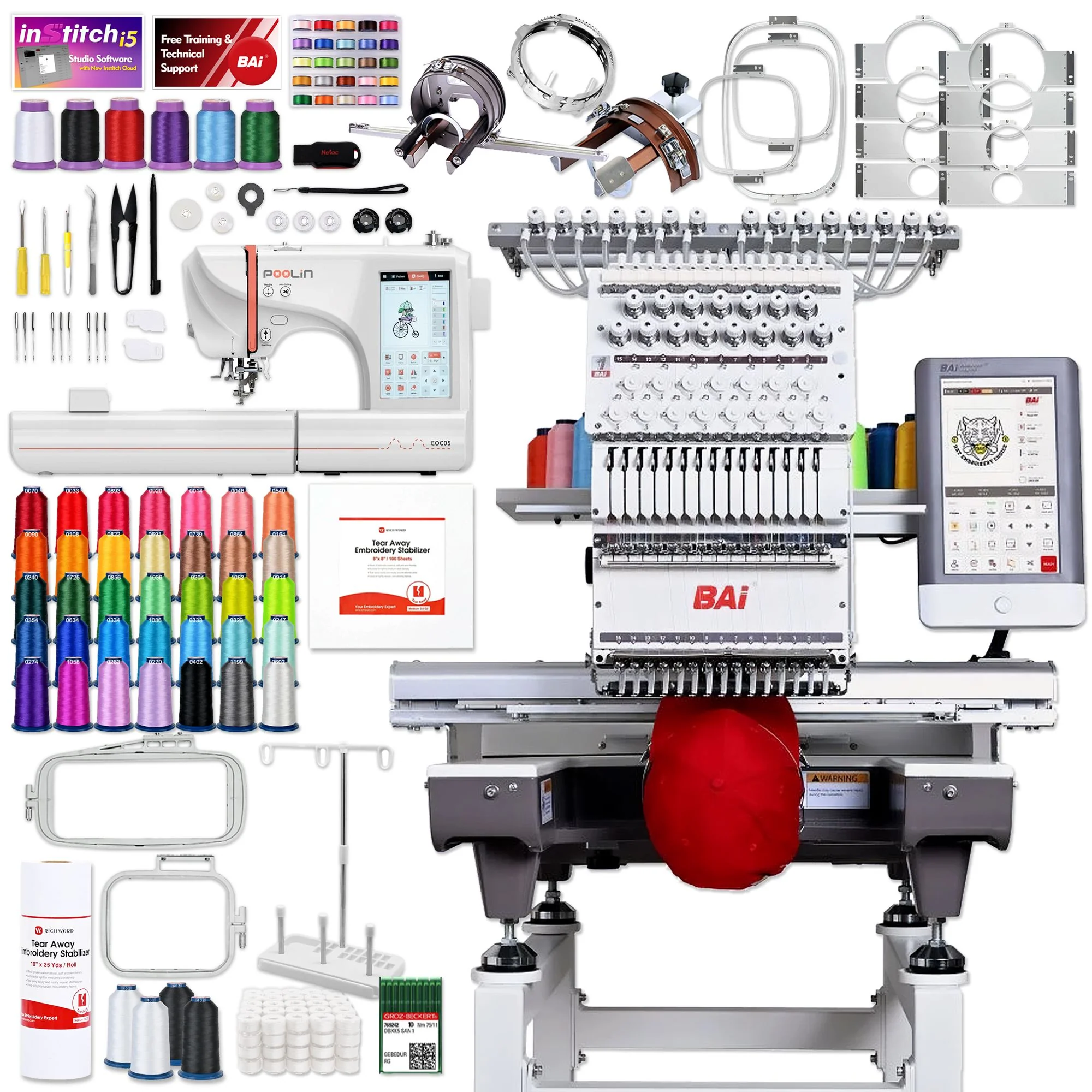 BAi MIRROR 15 Needle Commercial Embroidery Machine with Poolin EOC05 Bundle Questions & Answers
