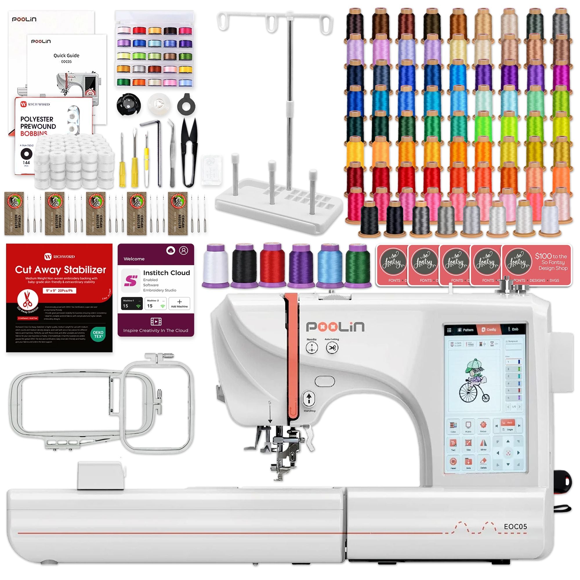 POOLIN EOC05 4in x 9.2in Embroidery Machine with 86 Embroidery Spools Bundle Questions & Answers