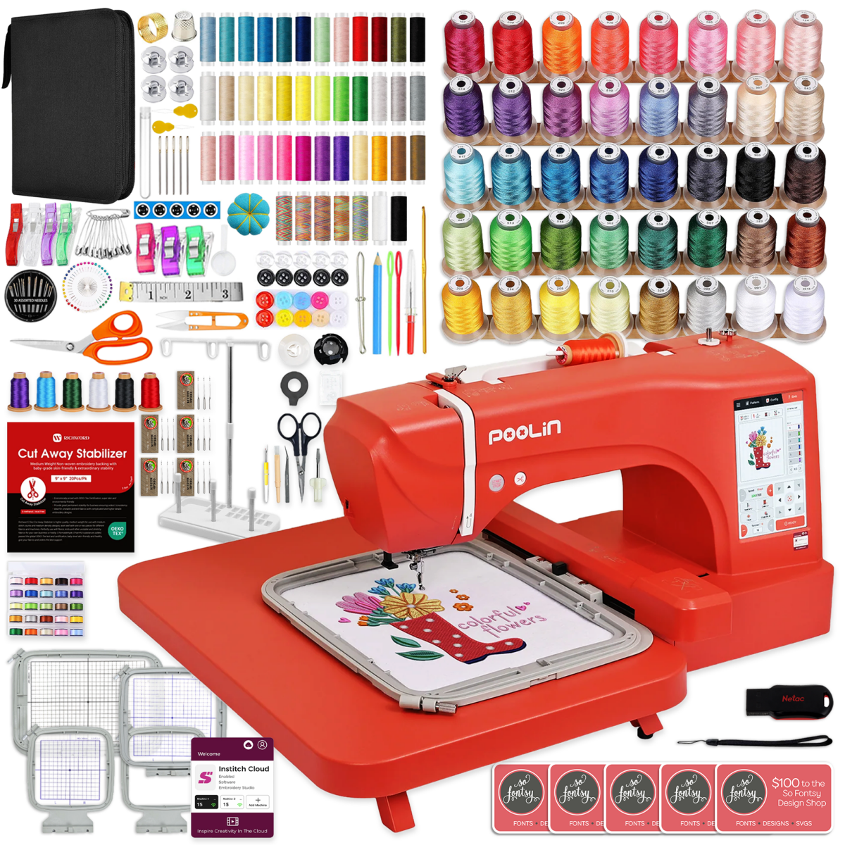 POOLIN EOC06 7.9in x 11in Embroidery Machine with Deluxe Accessory Kit - Red Questions & Answers