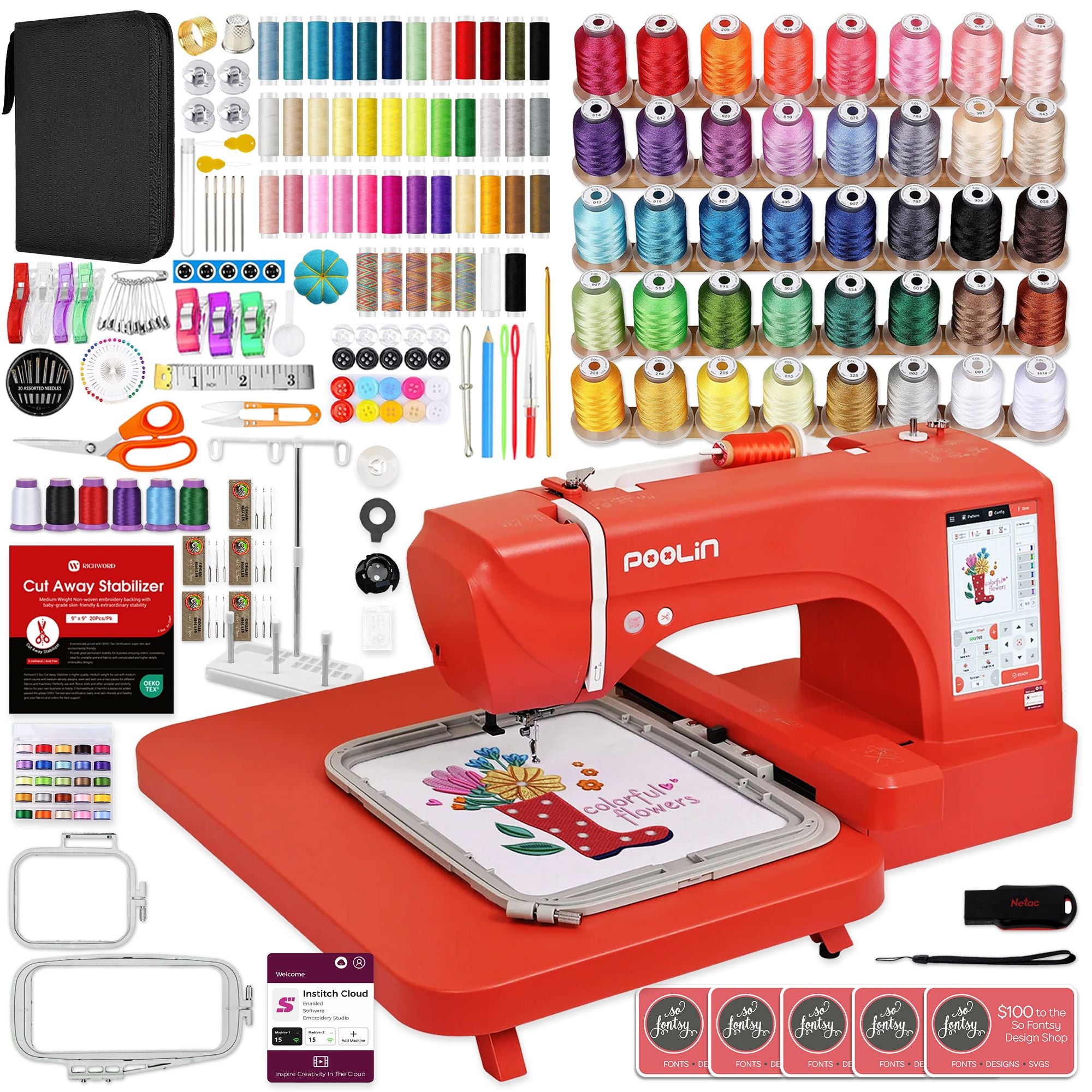 POOLIN EOC05 4in x 9.2in Embroidery Machine with Accessory Kit - Red Questions & Answers