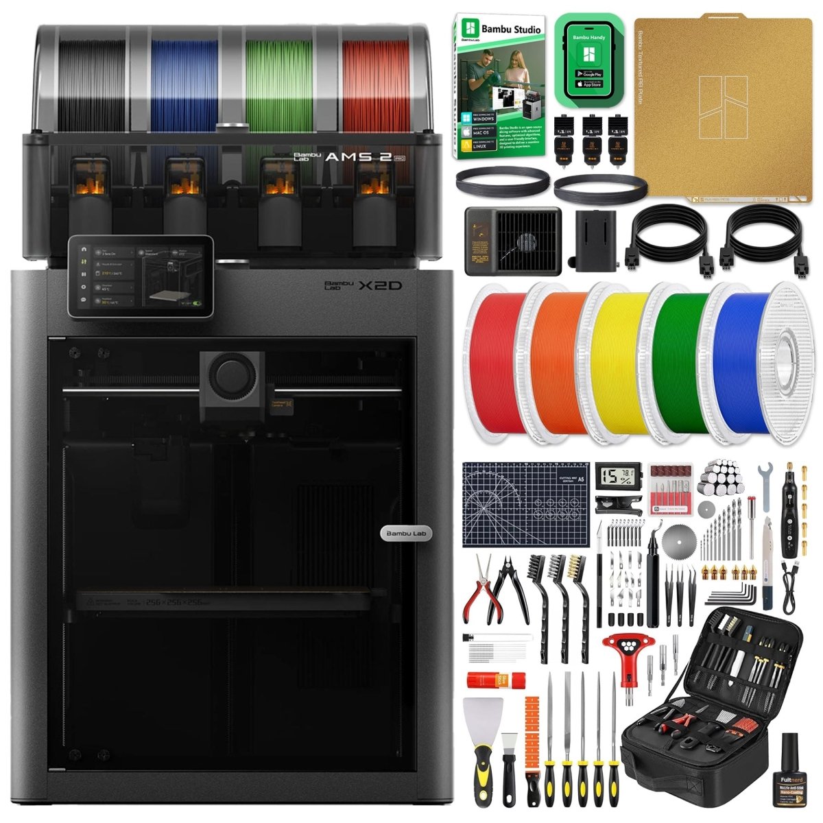 Bambu Lab X2D 3D Printer with Filament Rolls, Tool Kit, AMS 2 PRO System Questions & Answers