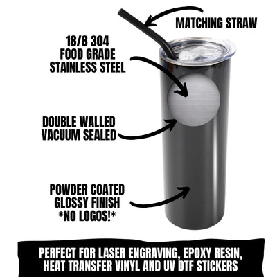 20oz Color Powder Coated Stainless Steel Skinny Tumbler - Black ProSub 