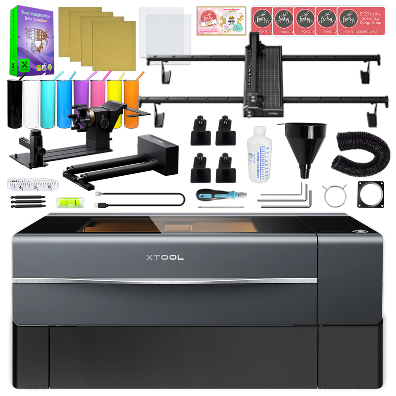 xTool P2S 55W CO2 Laser Cutter & Engraver Riser, Rotary, Rail Bundle