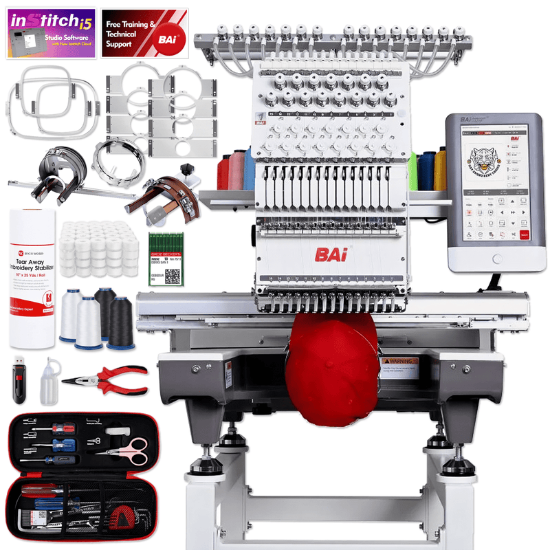 BAi MIRROR 15 Needle Commercial Embroidery Machine Bundle with Cap & Hat Hoops Home Delivery Swing Design 1
