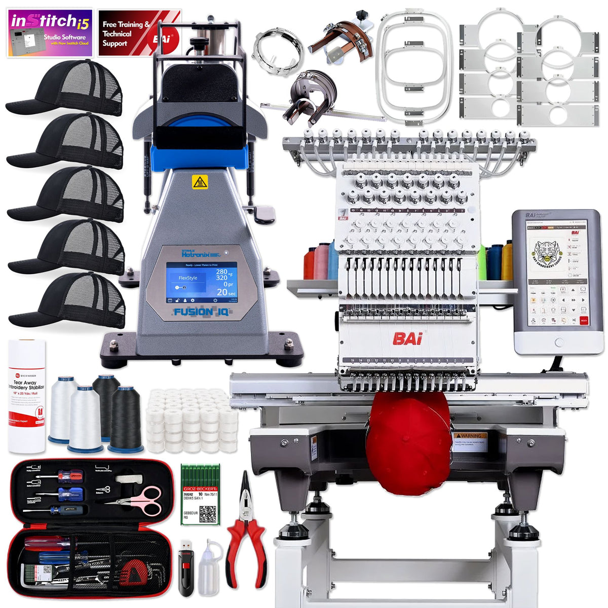 BAi MIRROR 15 Needle Embroidery Machine Bundle with Hotronix Cap Press &amp; Hoops BAI Machine Bundles Bai 
