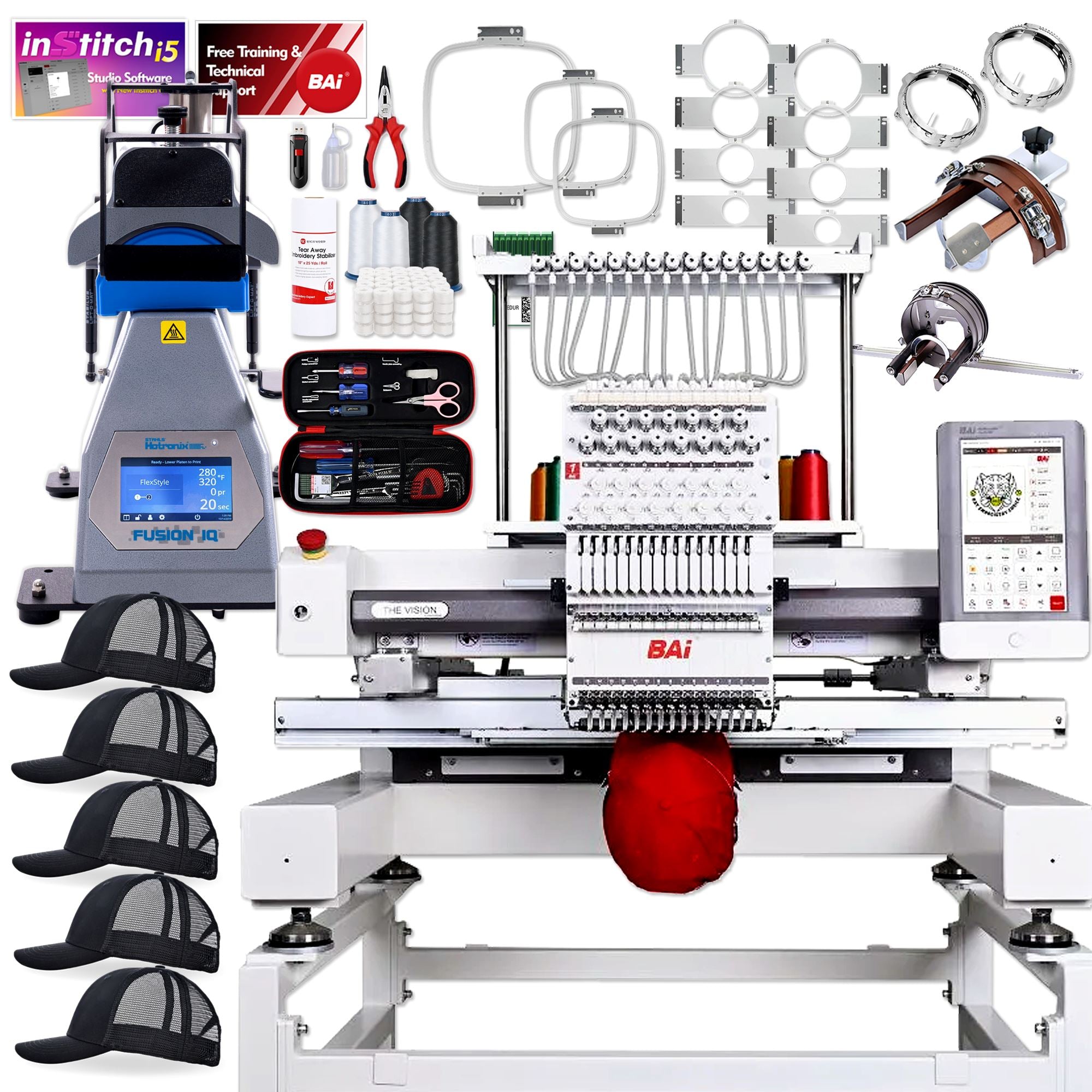 BAi VISION 15 Needle Embroidery Machine Bundle with Hotronix Cap Press & Hoops Brother Sewing Bundle Bai 