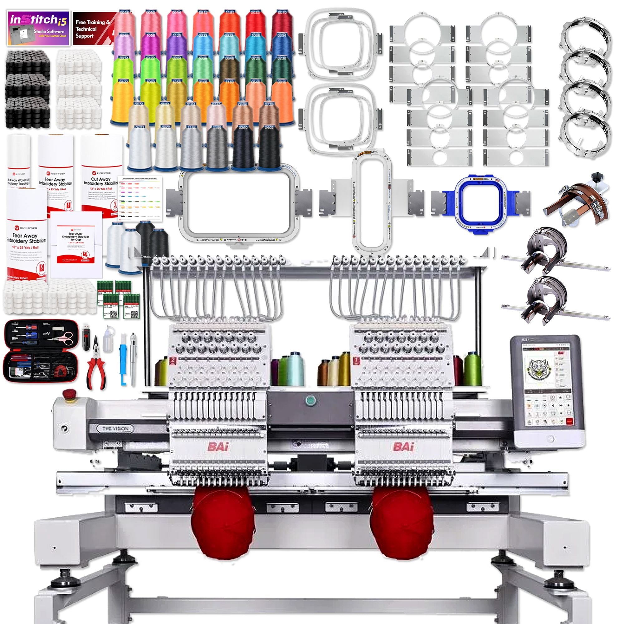 BAi VISION Two Head 15 Needle Embroidery Machine with Mighty Hoop Bundle Brother Sewing Bundle Bai 