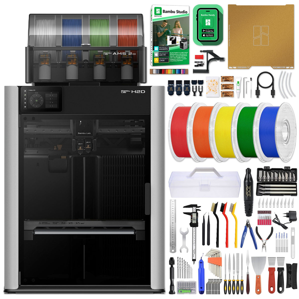 Bambu Lab H2D Dual Head 3D Printer Bundle with Filament, Tool Kit, AMS 2 System Swing Design 
