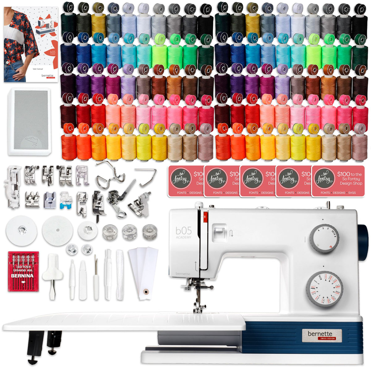 Bernette B05 Academy Sewing Machine with 100 Thread Spools &amp; Matching Bobbins Brother Sewing Bundle Bernette 