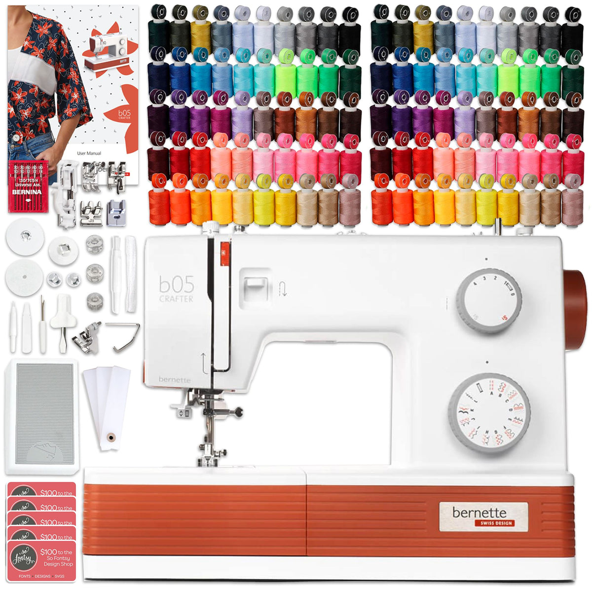 Bernette B05 Crafter Sewing Machine with 100 Thread Spools &amp; Matching Bobbins Brother Sewing Bundle Bernette 