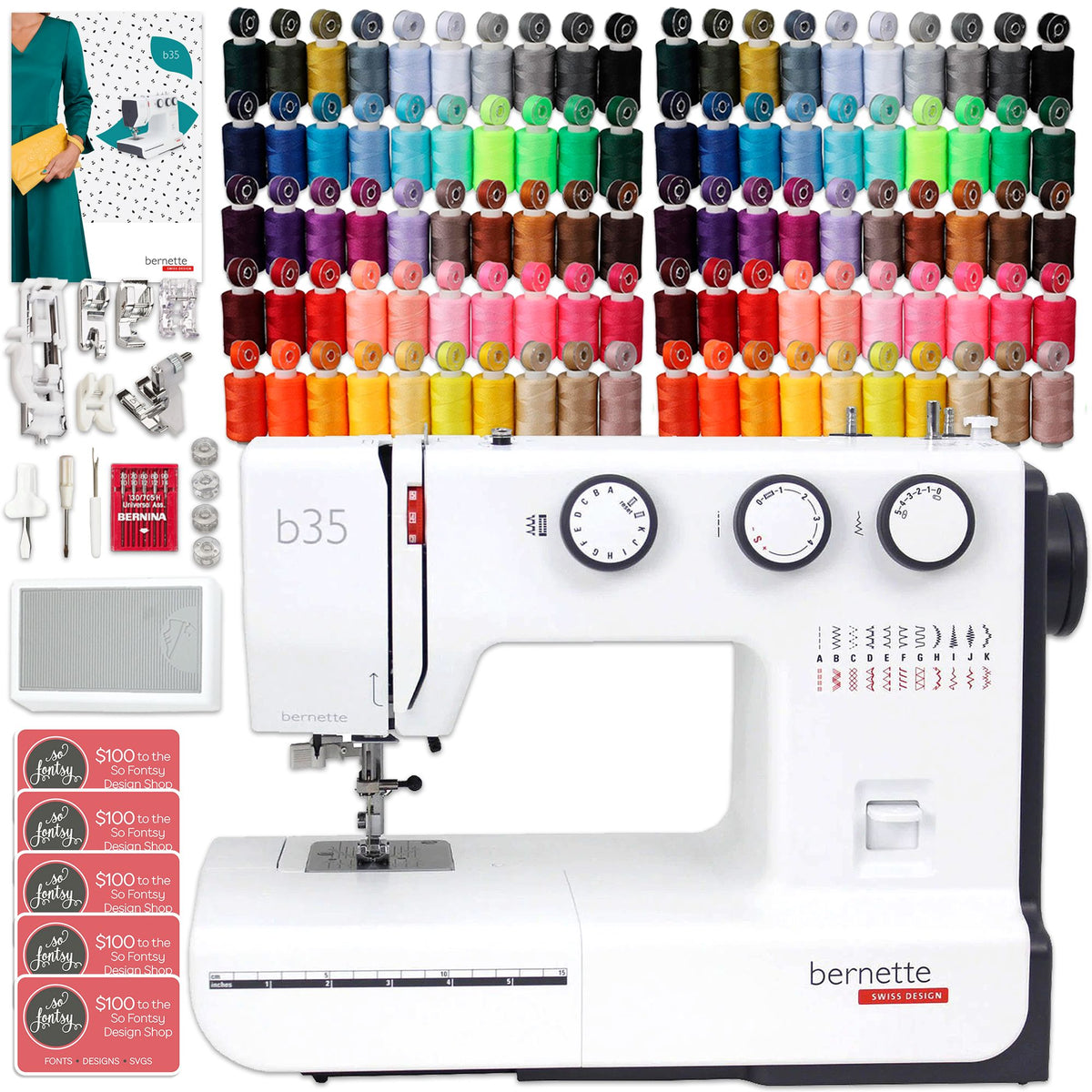 Bernette B35 Sewing Machine with 100 Thread Spools &amp; Color Matching Bobbins Brother Sewing Bundle Bernette 