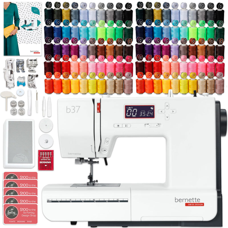 Bernette B37 Sewing Machine with 100 Thread Spools & Color Matching Bobbins Brother Sewing Bundle Bernette 
