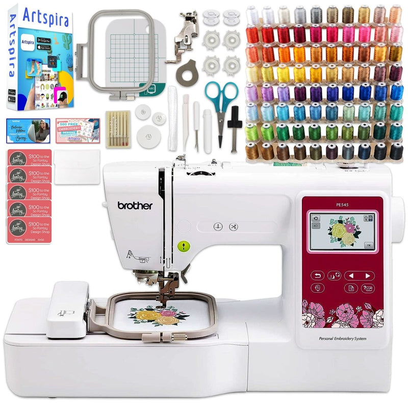 Brother PE545 4" x 4" Embroidery Machine with Accessories Kit, Deluxe 80 Embroidery Spools & Artspira Design Software App - Swing Design1