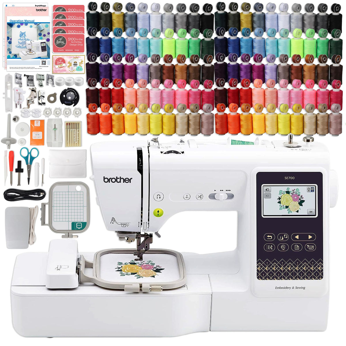 Brother SE700 Embroidery &amp; Sewing Machine w/ 100 Spools, Bobbins &amp; Accessories Brother Sewing Bundle Brother 