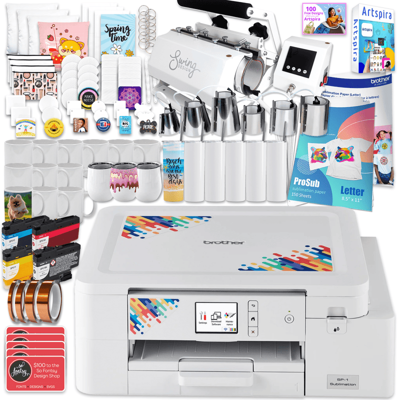 Brother SP-1 Sublimation Printer with 7-in-1 White Tumbler Heat Press Bundle Swing Design 1