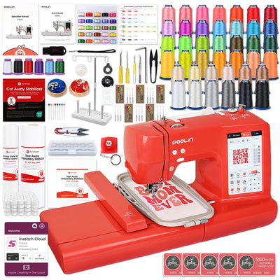POOLIN EOC05 4in x 9.2in Embroidery Machine with Deluxe Accessory Bundle - Red Poolin Embroidery Machines Poolin 