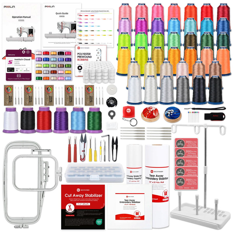 POOLIN EOC05 4in x 9.2in Embroidery Machine with Deluxe Accessory Bundle - Red Poolin Embroidery Machines Poolin 