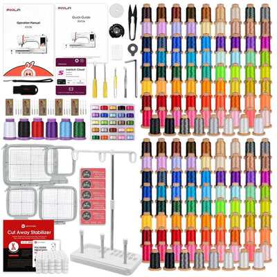 POOLIN EOC06 7.9in x 11in Embroidery Machine & 166 Thread Spool Bundle - Red - Swing Design4