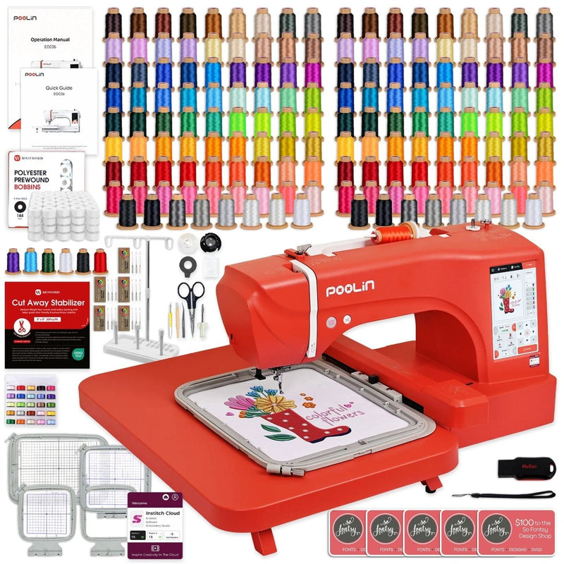 POOLIN EOC06 7.9in x 11in Embroidery Machine & 166 Thread Spool Bundle - Red - Swing Design1