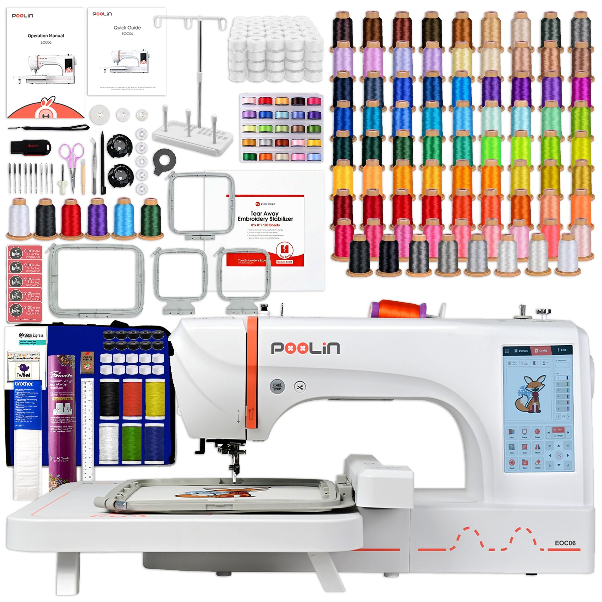 POOLIN EOC06 7.9in x 11in Embroidery Machine with Thread & Digitizing Bundle Brother Sewing Bundle Poolin 
