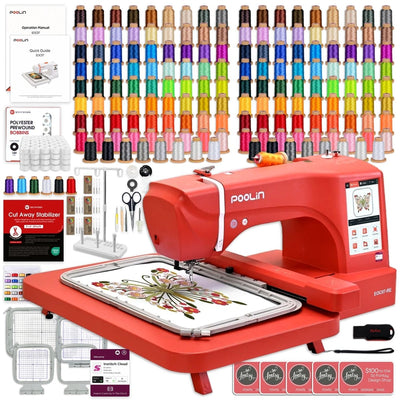 POOLIN EOC07 7.9in x 15in Embroidery Machine with 166 Embroidery Spools - Red - Swing Design1