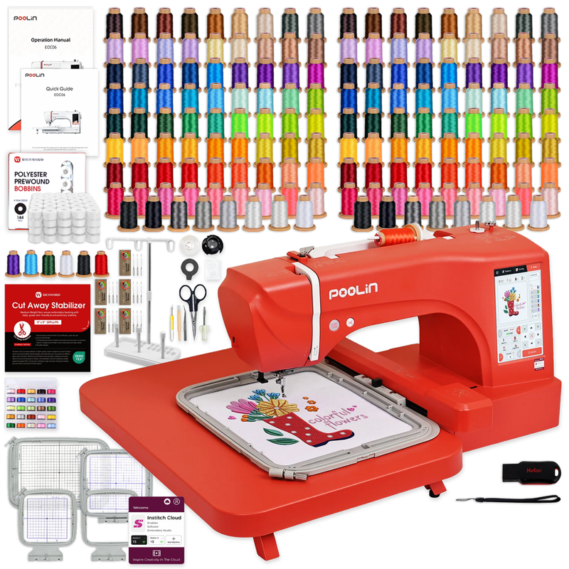 POOLIN EOC07 7.9in x 15in Embroidery Machine with 166 Embroidery Spools - Red Swing Design 1