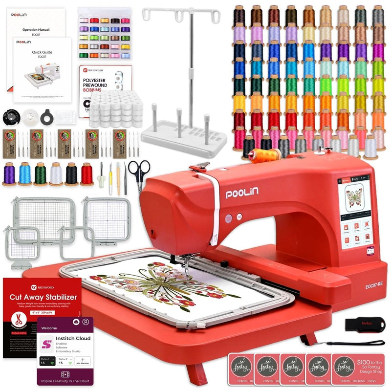 POOLIN EOC07 7.9in x 15in Embroidery Machine with 86 Embroidery Spools - Red - Swing Design1