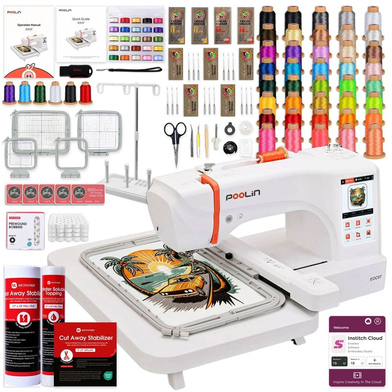 POOLIN EOC07 7.9in x 15in Embroidery Machine with Deluxe Accessory Bundle - Swing Design1
